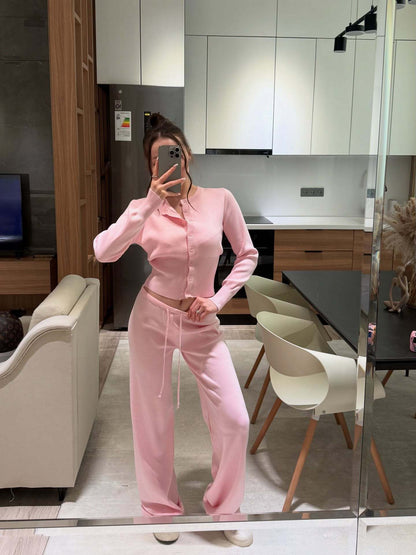 Women's Two Piece Ribbed Knit Cardigan Wide Leg Pants Set