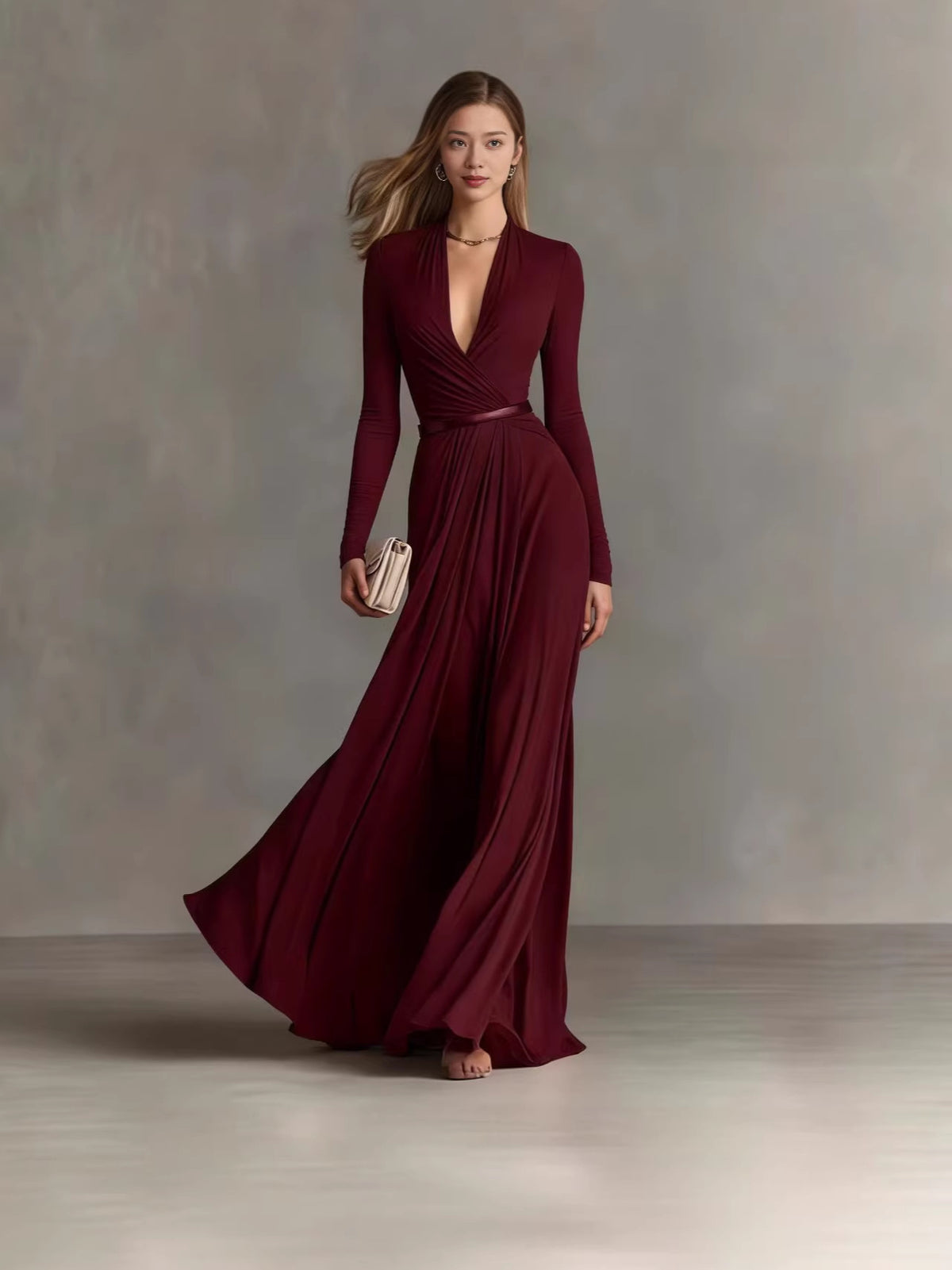 Elegant Deep V-Neck Long Sleeve Belted Maxi Dress