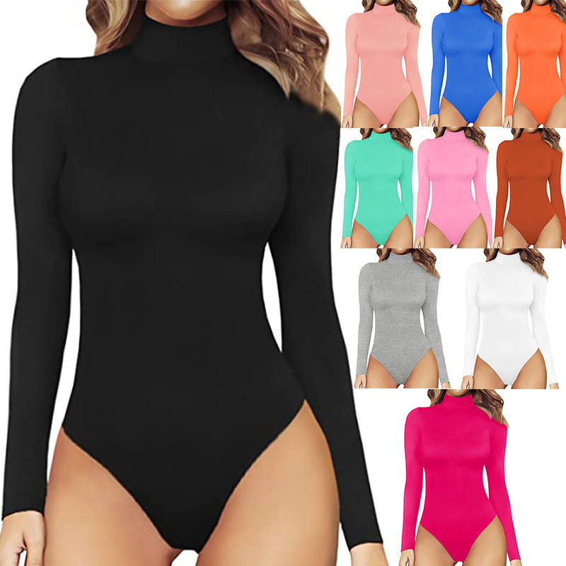 Sexy Mock Neck Long Sleeve Bodysuit Women Bodycon Thong