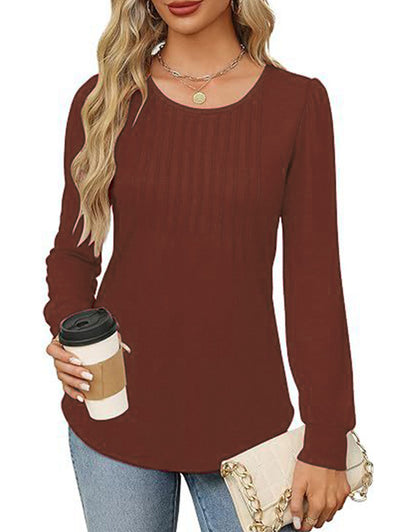 Solid Cotton Pintuck Blouse Long Sleeve Work Top