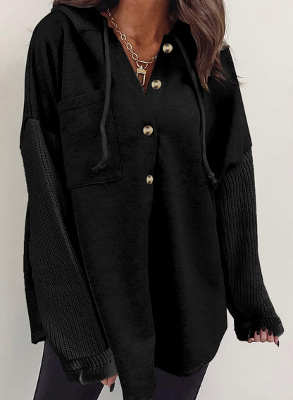 2025 Fall/Winter Colorblock Knit Sleeve Hoodie – Casual Button Down Top