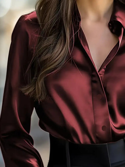 Women's Satin Long Sleeve Button Up V-Neck Blouse