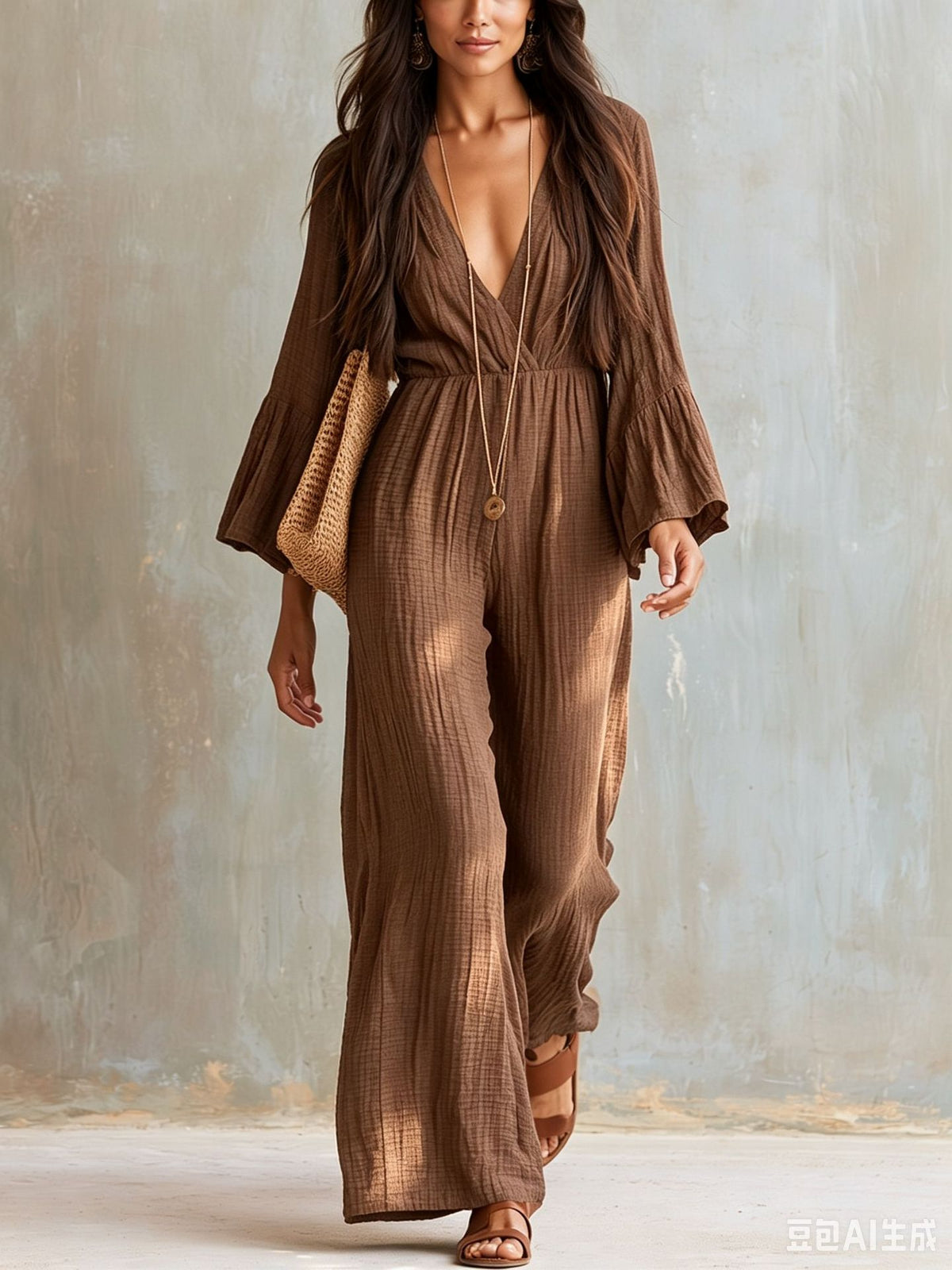 Boho V Neck Jumpsuit Wide Leg Bell Sleeve Elastic Waist