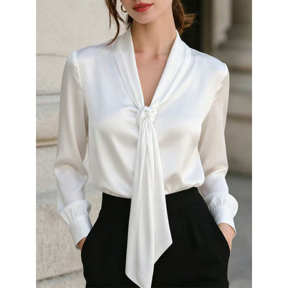 Solid Satin Tie Neck Blouse Long Sleeve Work Top