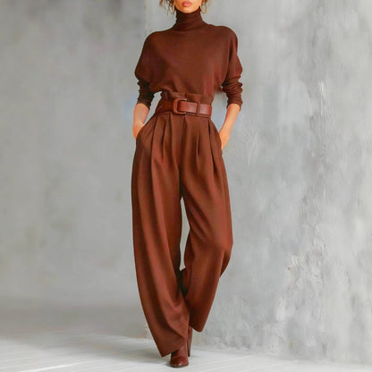 Women's Two Piece Set Turtleneck Wide Leg Pants with Belt