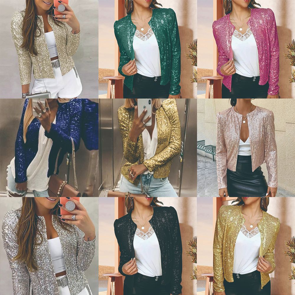 Women's Sequin Cropped Zip-Up Jacket Party Blazer