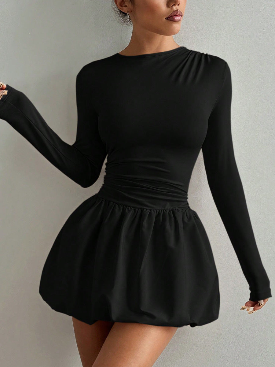 Long Sleeve Fitted Bubble Dress Ruched Waist Mini