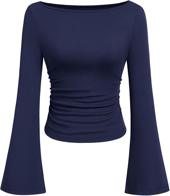 Women's Ruched Boat Neck Bell Sleeve Ribbed Top