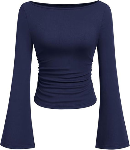 Women's Ruched Boat Neck Bell Sleeve Ribbed Top