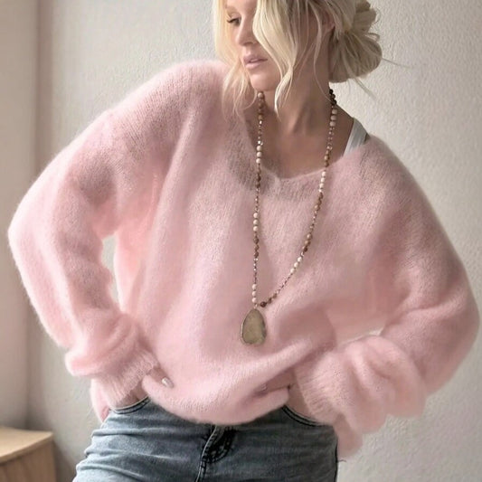 Pink Fuzzy Mohair Oversized Crew Neck Knit Sweater