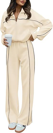 Contrast Trim Zip Jacket Pants Two Piece Set