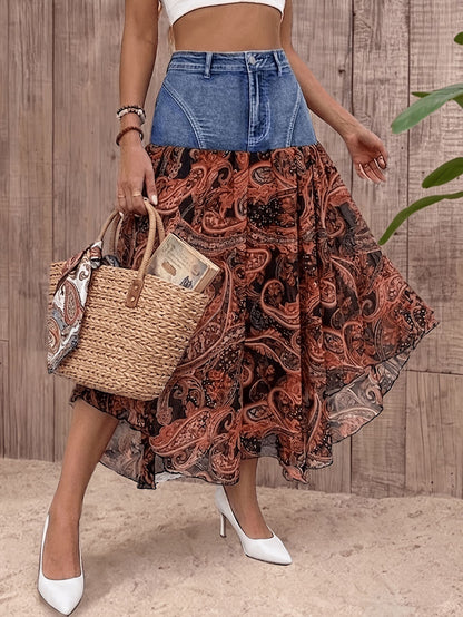 Women's Denim Patchwork Printed Boho Maxi A-Line Skirt