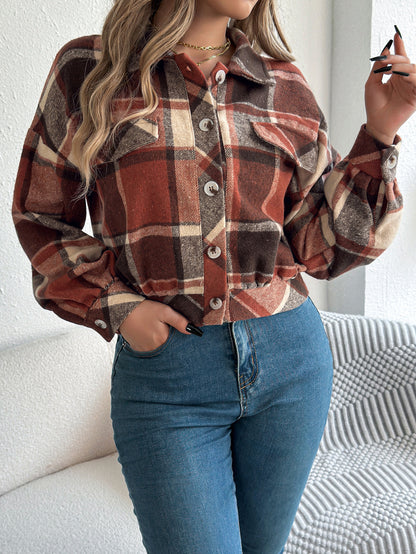 Plaid Button Front Long Sleeve Casual Jacket Coat