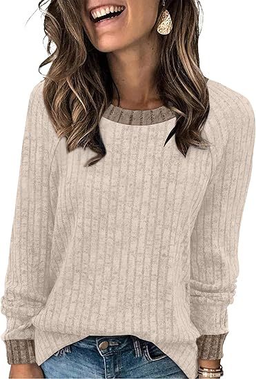 Women's Soft Ribbed Contrast Trim Long Sleeve Crew Neck Top