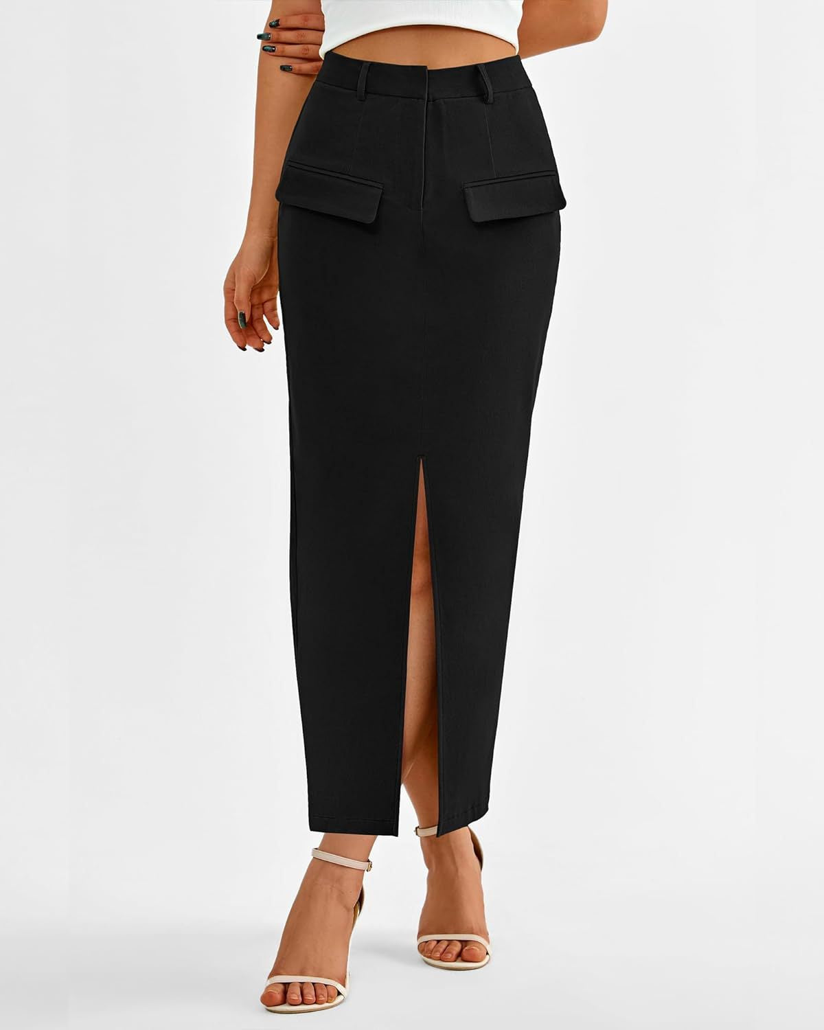 Elegant High Waist Midi Skirt with Front Slit
