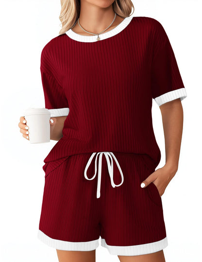 Ribbed Colorblock Lounge Shorts Set Summer Pajama