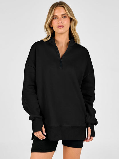 Half Zip Side Slit Relaxed Fit Pullover Sweatshirt