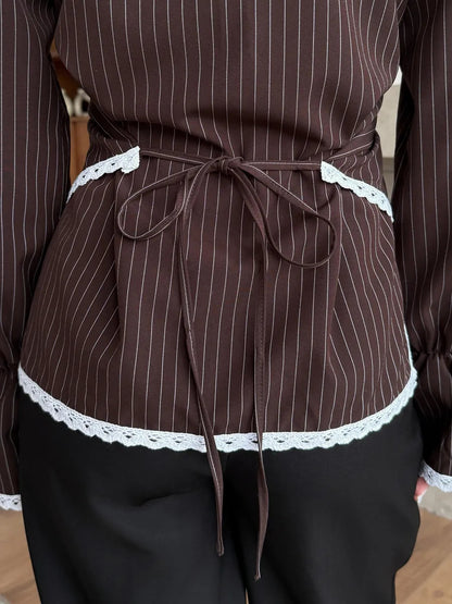 Striped Wrap Shirt with Lace Trim Long Sleeves