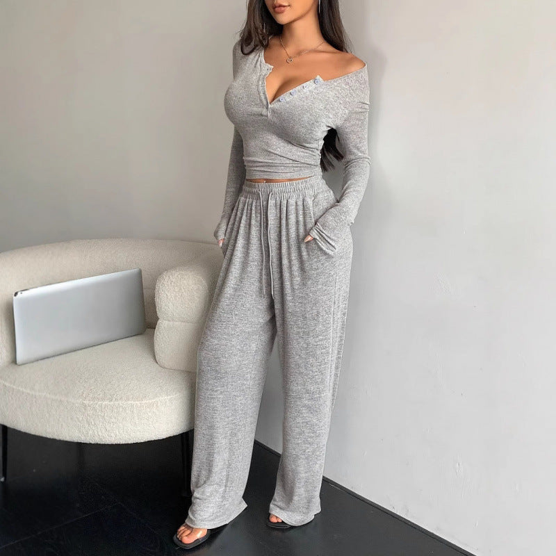 Women's 2 Piece Lounge Set Henley Crop Top Wide Leg Pants