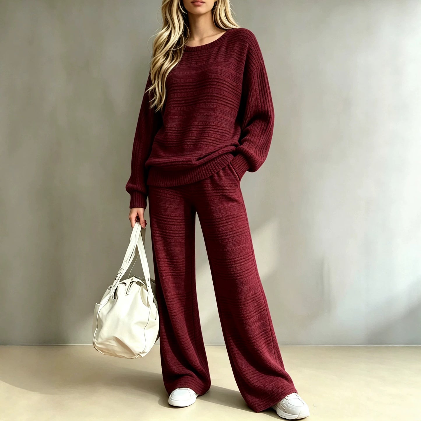 Women's Ribbed Knit Lounge Set Wide Leg Pants