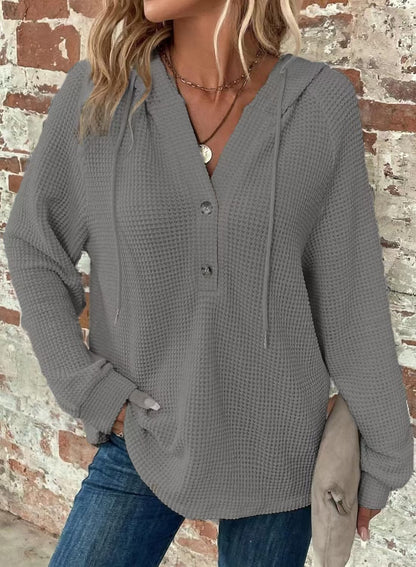 Women's Oversized Waffle Knit Hoodie V Neck Button Pullover