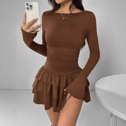 Women's Long Sleeve Bodycon Ruched Ruffle Mini Dress