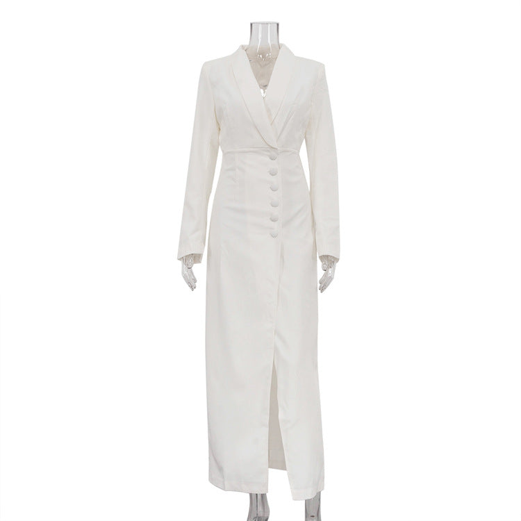 Elegant V-Neck Long Sleeve Front Slit Blazer Dress