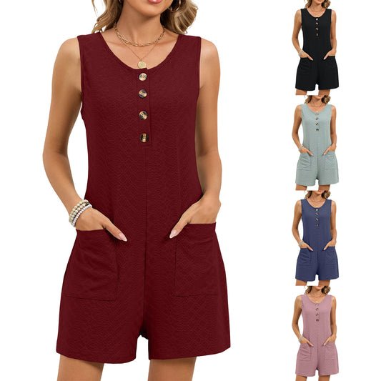 Textured Button Tank Romper Sleeveless Pocket Lounge Set