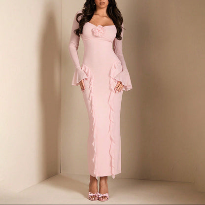 V Neck Bell Sleeve Ruffle Bodycon Midi Dress