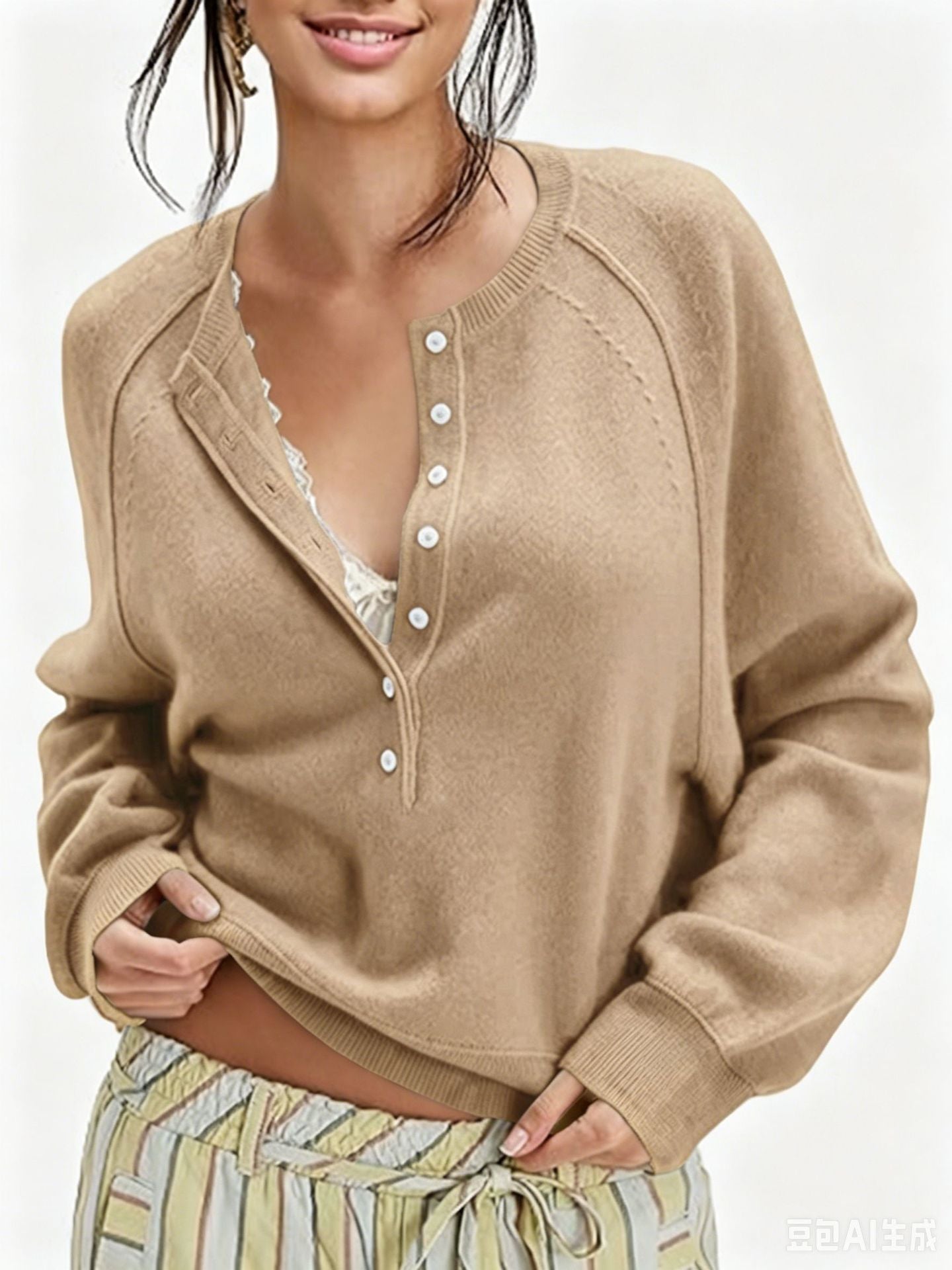 Women's Oversized Henley Sweater Button Front Knit Pullover