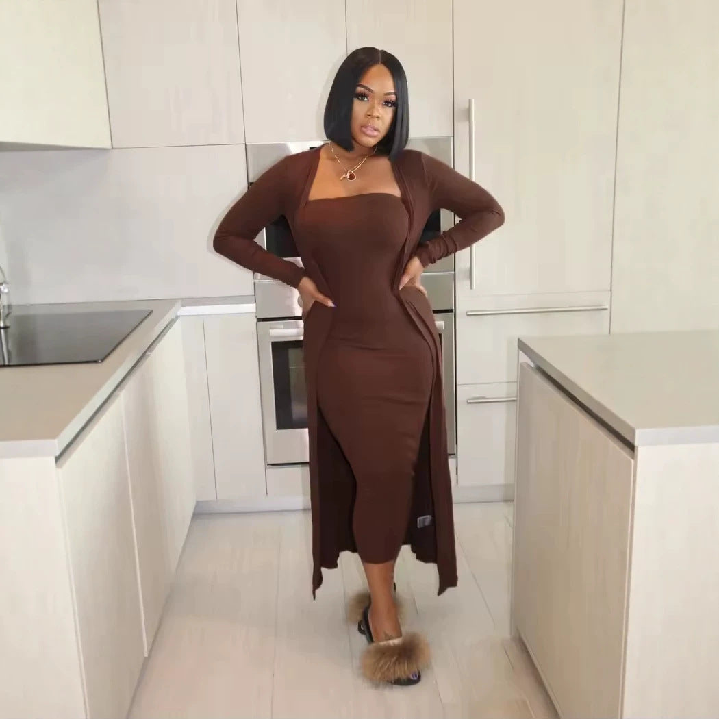 Women's 2 Piece Bodycon Dress Long Cardigan Set