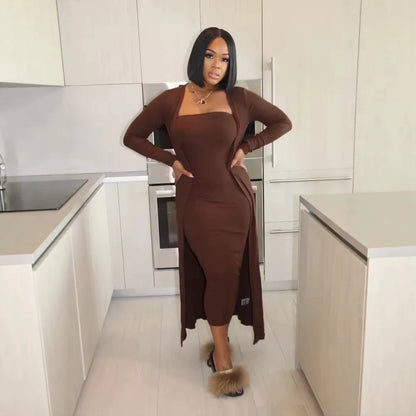 Women's 2 Piece Bodycon Dress Long Cardigan Set
