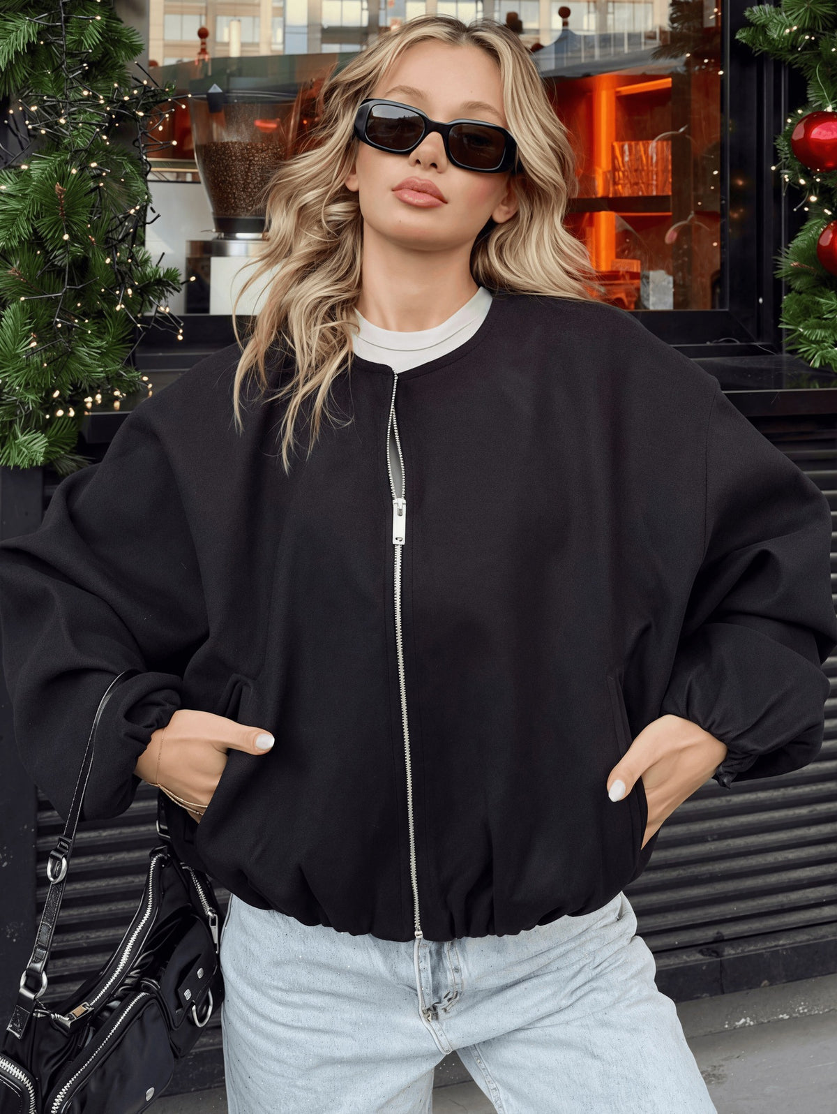 Womens Oversized Streetwear Zip Up Bomber Jacket