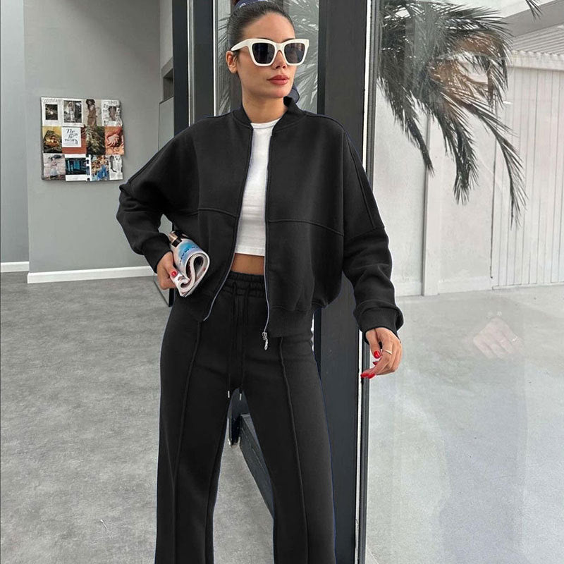 Women's Fleece Lined Zip Up Jacket Wide Leg Pants Set