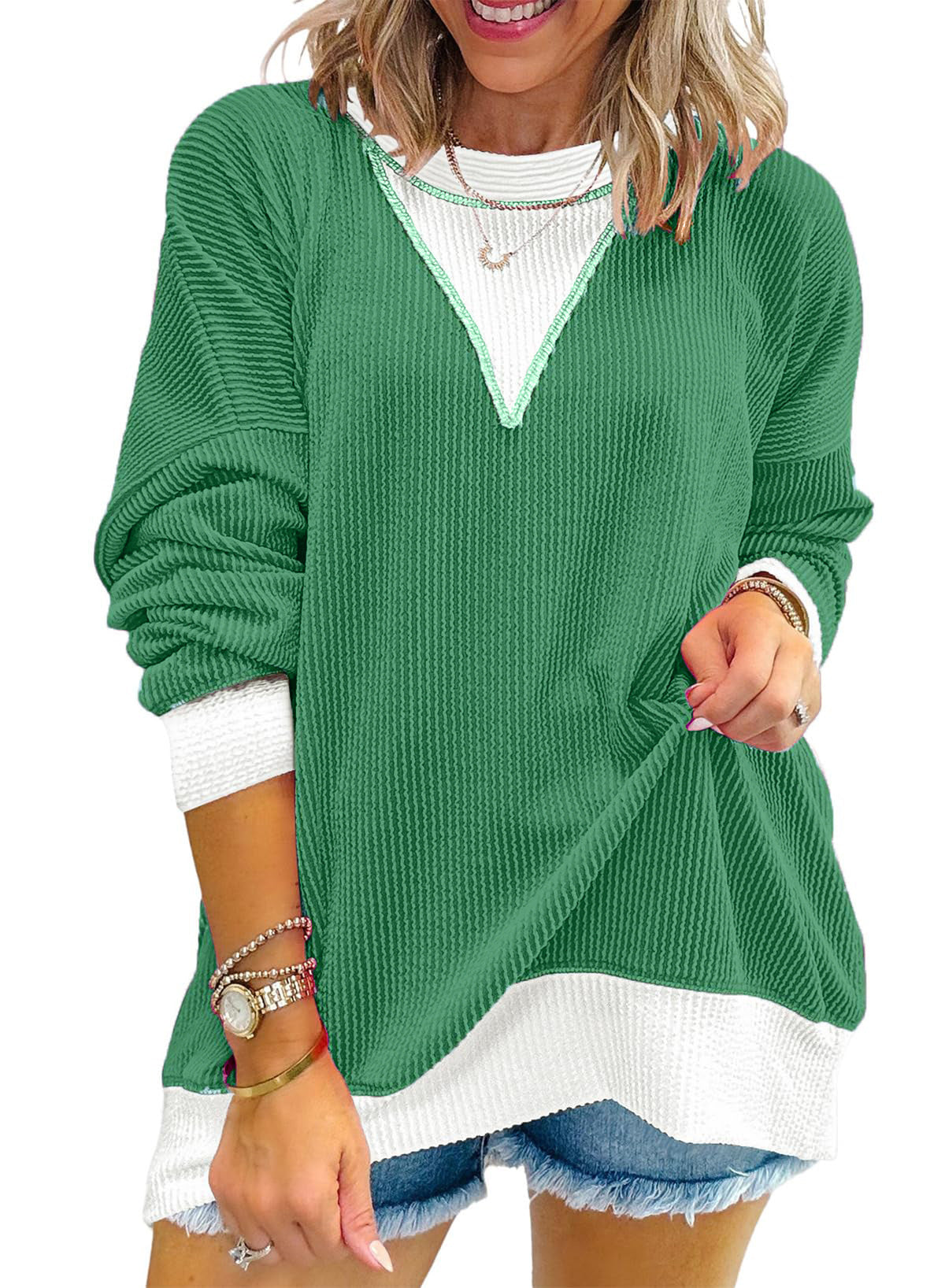 Colorblock Ribbed Sweatshirt Women Casual V Neck Pullover