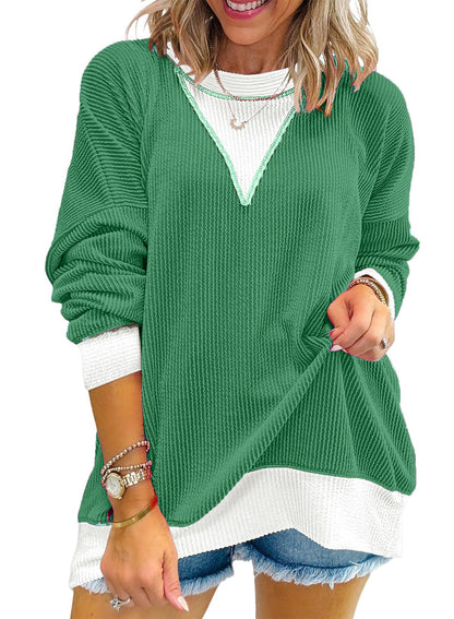 Colorblock Ribbed Sweatshirt Women Casual V Neck Pullover