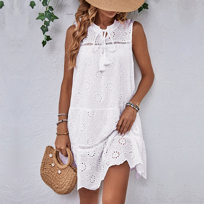 Boho Eyelet Sleeveless Shift Dress Beach Vacation Dress