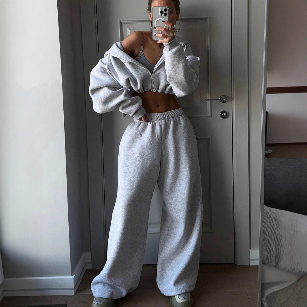 Women's 2 Piece Crop Zip Hoodie Sweatpants Set