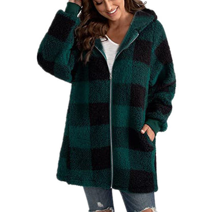 Womens Oversized Sherpa Plaid Hooded Zip Up Jacket