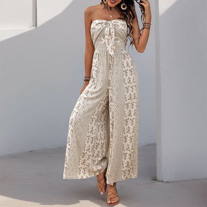 Boho Strapless Printed Wide Leg Jumpsuit Resort Romper