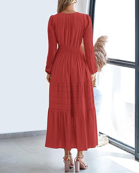 Women's V-Neck Long Sleeve Tiered Maxi Smocked Cotton Dress
