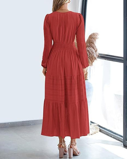 Women's V-Neck Long Sleeve Tiered Maxi Smocked Cotton Dress