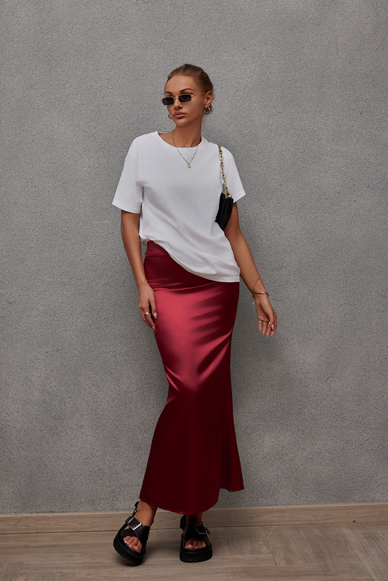 Women's Satin Bodycon Midi Skirt Mermaid Hem