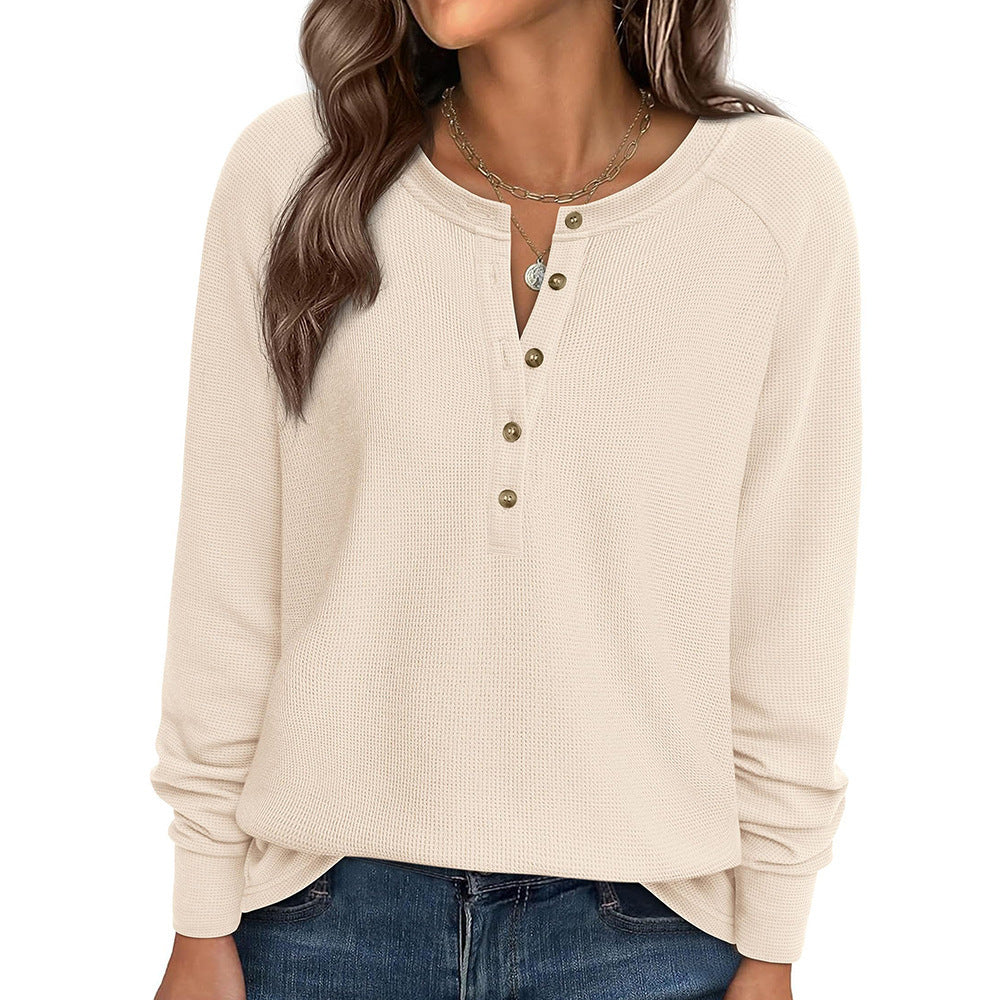 Waffle Knit Henley Top Button V Neck Long Sleeve Tee