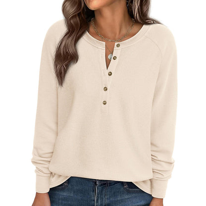 Waffle Knit Henley Top Button V Neck Long Sleeve Tee