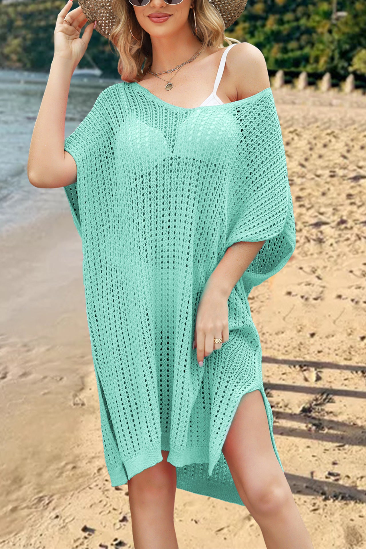 Crochet Swim Cover Up Dress V Neck Beach Knit Coverup