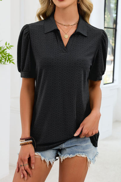 Eyelet V Neck Puff Sleeve Polo Blouse Casual Top