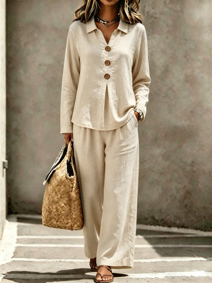 Womens Linen Button Shirt Wide Leg Pants Two Piece Set