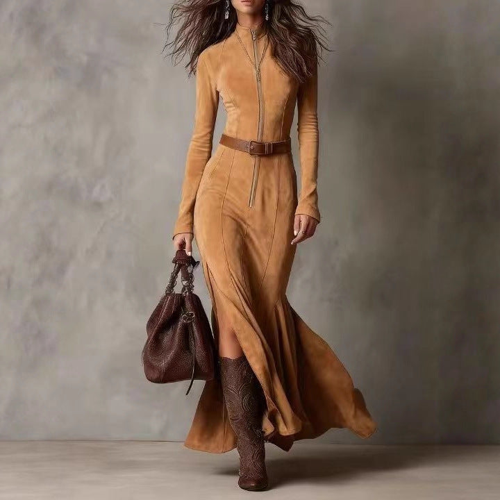Suede Zip Up Mock Neck Maxi Dress Belted Slit Long Sleeve