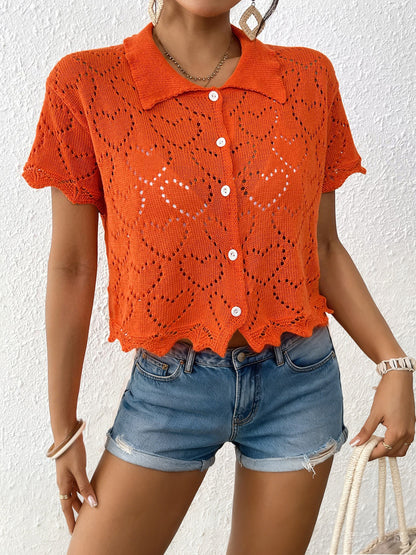 Crochet Heart Knit Button Front Cardigan Beach Cover Up